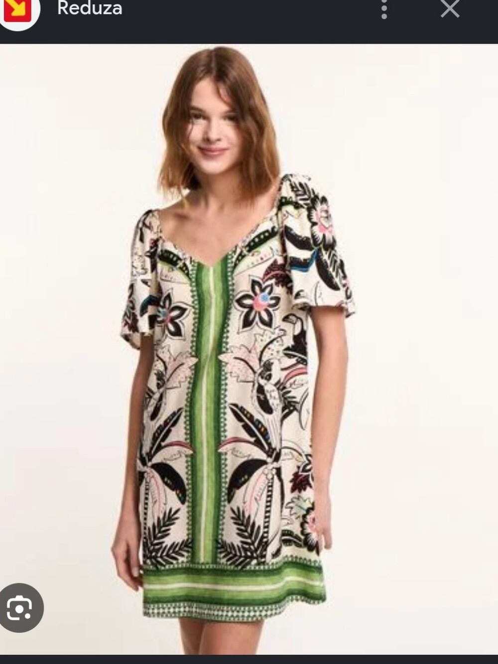 Green & Cream Floral Border Mini Dress
